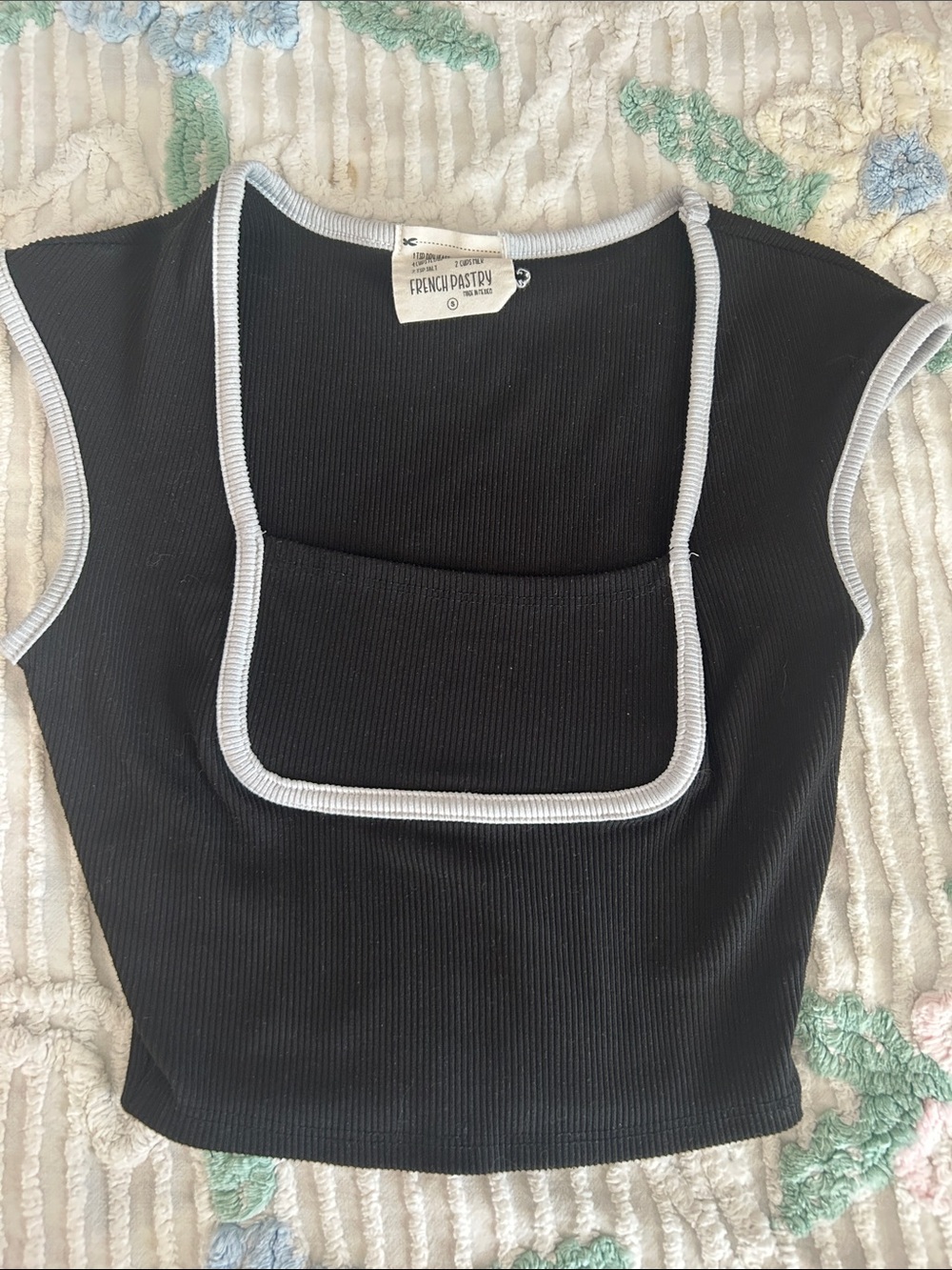 french pastry Black Ribbed Square-Neck Tank with White Trim